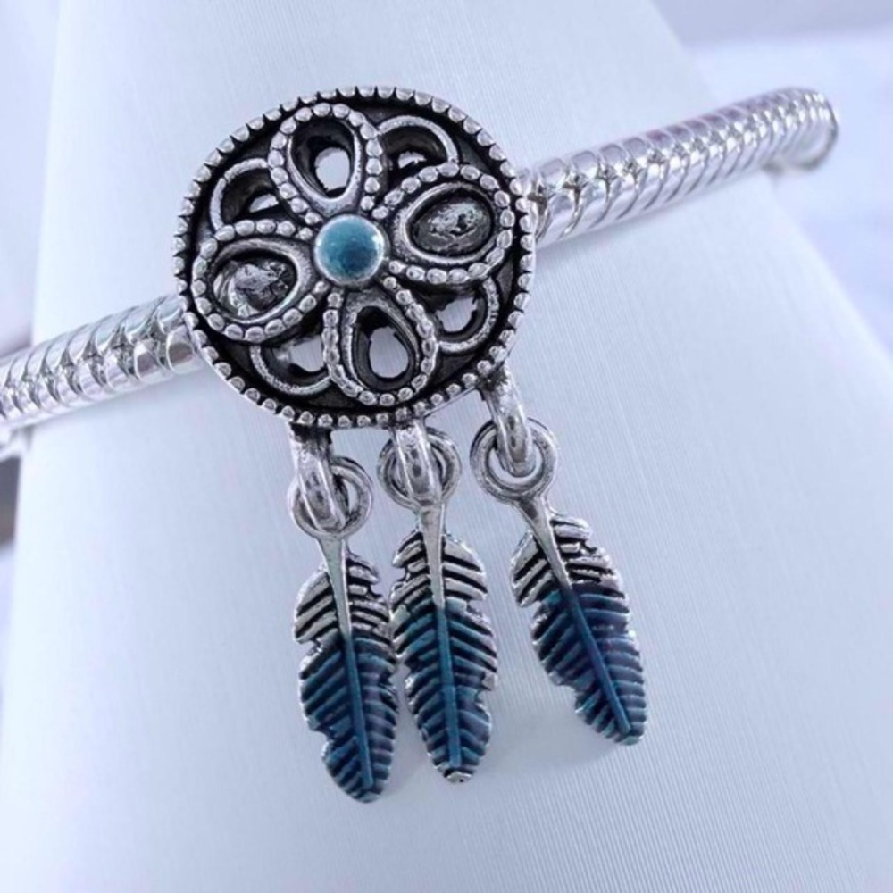 Silver & Blue DreamCatcher with Feather‎ Dangle Charm Fits Snake Chain Bracelet